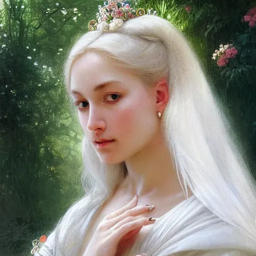 Image similar to 3/4 close up face Portrait of a beautiful Swedish princess in garden, white top, blond hair, piercing, intricate, elegant, highly detailed, artstation, concept art, intricate, highly detailed, sharp focus, exotic, orientalism, bouguereau, art by Artgerm and greg rutkowski and alphonse mucha