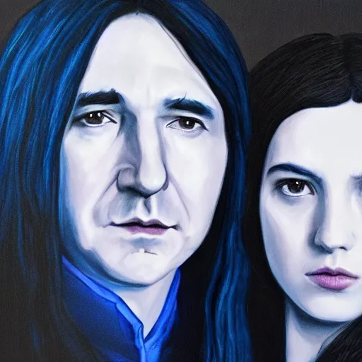 Prompt: A portrait of Severus Snape nd Lily Evans, dark, blue light, black gradient background, oil painting