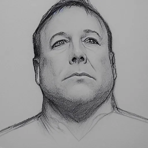 Prompt: Alex Jones in court pencil sketch