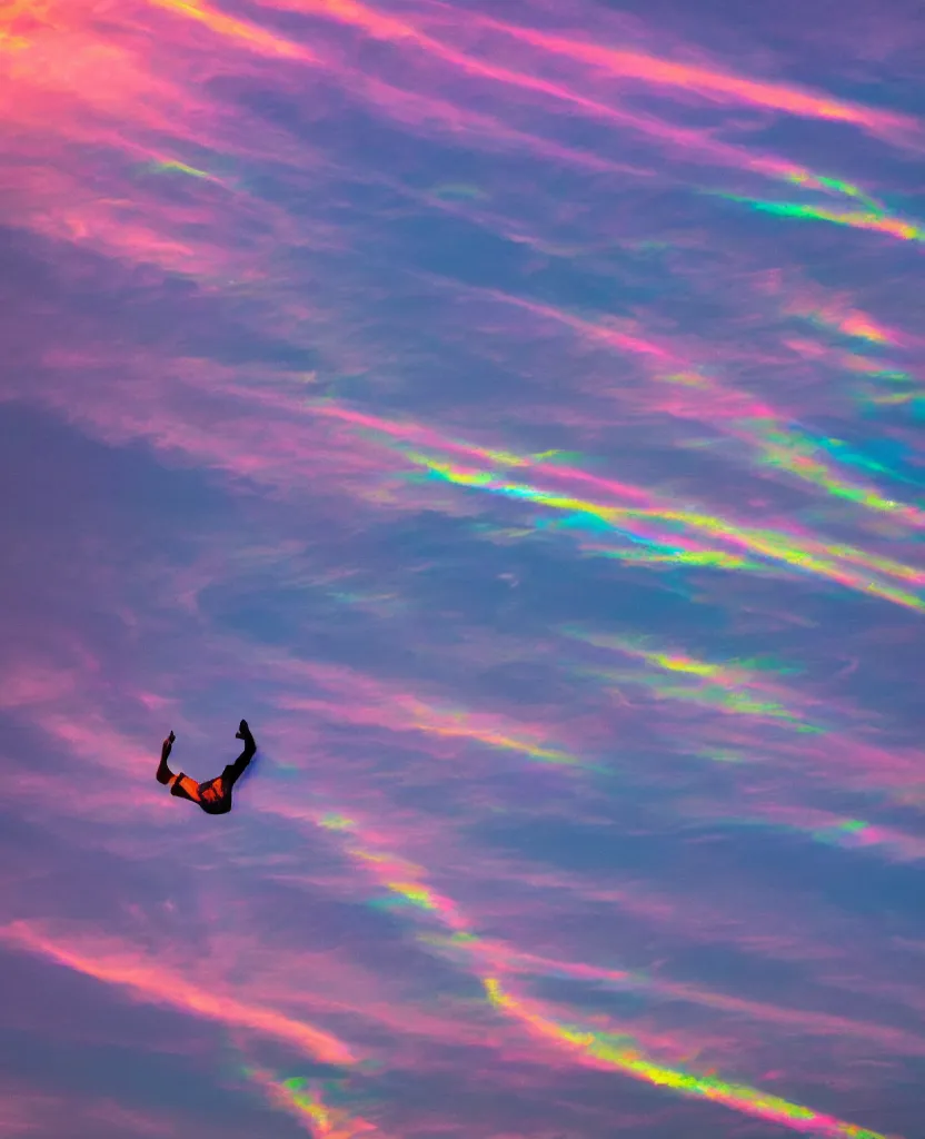 Prompt: a student flying upwards through iridescent clouds at dusk in a lit up city