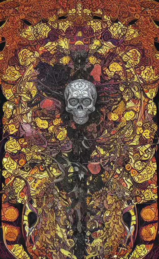 Image similar to intricate skull of a crow, background are varities of superhot chili peppers, bhut jolokia, carolina reaper, trinidad scorpion, voronoi, fibonacci sequence, leaves, by Moebius, Alphonse Mucha, peter mohrbacher, hiroshi yoshida, Art Nouveau, skate art, cgsociety, complementary colour scheme, psychedelic, complementary colour scheme, 3d