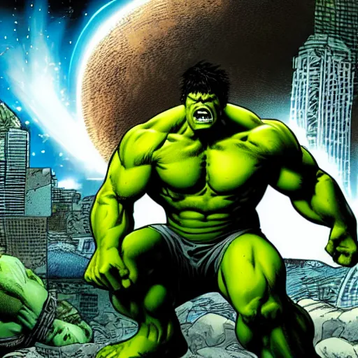 Prompt: detailed render of hulk destroying a planet, comic book, wide shot, full body, highly detailed