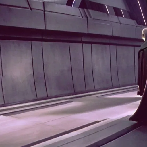 Image similar to Count Dooku standing on ledge observing dark dimly lit droid factory star wars still shot from Attack of The clones 720p