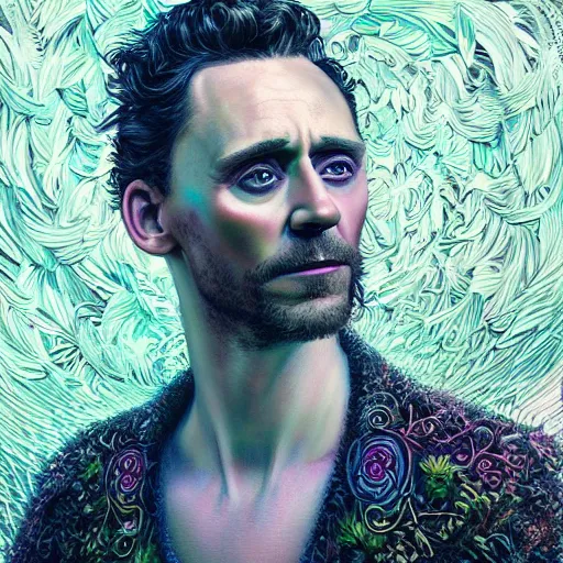 Image similar to portrait of tom hiddleston, hyper detailed masterpiece, neon floral pattern, jean giraud, digital art painting, darkwave goth aesthetic, psychedelic, artgerm, donato giancola and tom bagshaw