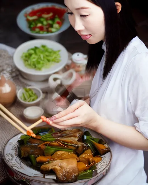 Prompt: Stock Photos of a beautiful Chinese woman preparing a traditional meal