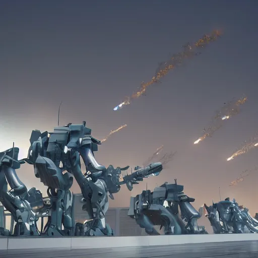 Image similar to six meter tall mech firing at a swarm of tanks, futuristic city, mechanized art concept, 3 d render, marble statue