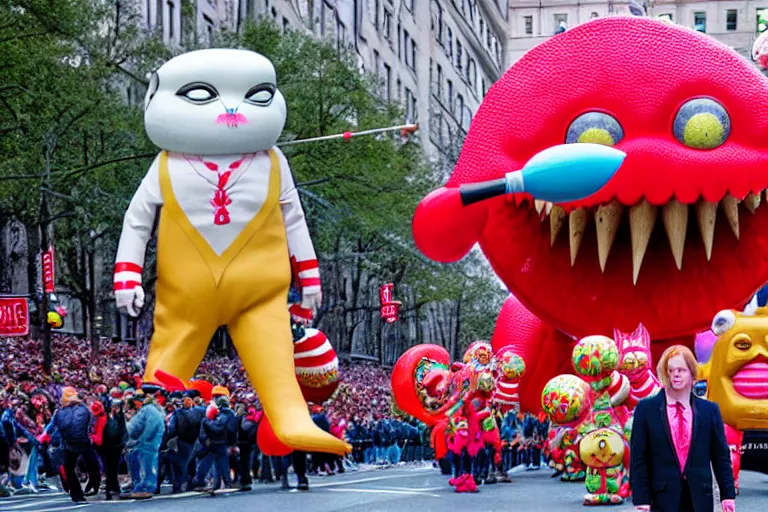 Prompt: photo of giant cute elaborate parade float character designed by ( ( ( ( ( ( ( ( giger ) ) ) ) ) ) ) ) and wes anderson!!!!!!!!!!!!!!, in the macys parade, detailed 4 k photo,