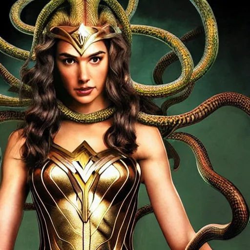 Image similar to Full body photo of the beautiful woman Gal Gadot as Medusa the greek goddess, she has those characteristic snakes coming out of her head, she is looking straight to the camera, she has a glow coming from her, she is getting illuminated for rays of light, behind her is a scary atmosphere, the photo was taking by Annie Leibovitz, matte painting, oil painting, naturalism, 4k, 8k