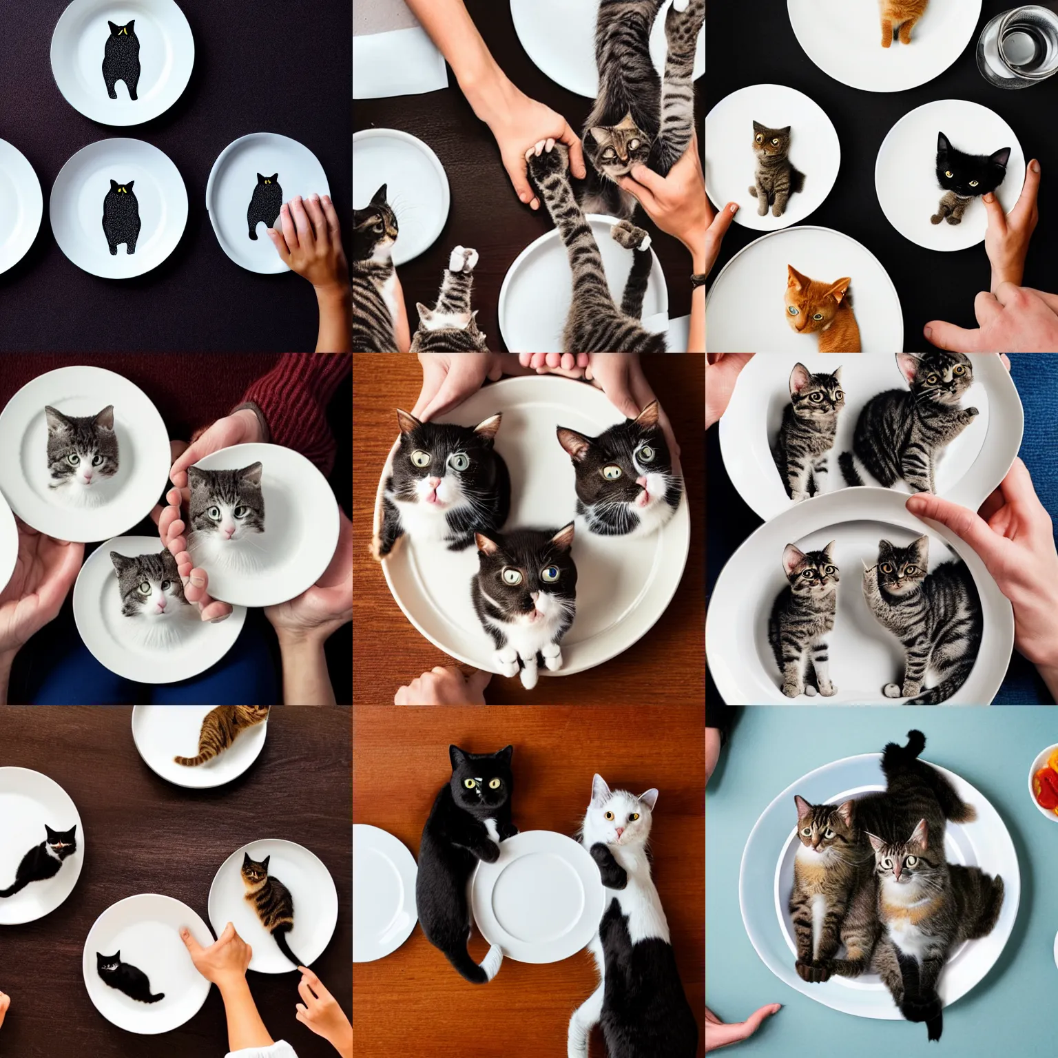 Prompt: photo of three cats holding plates on every hands