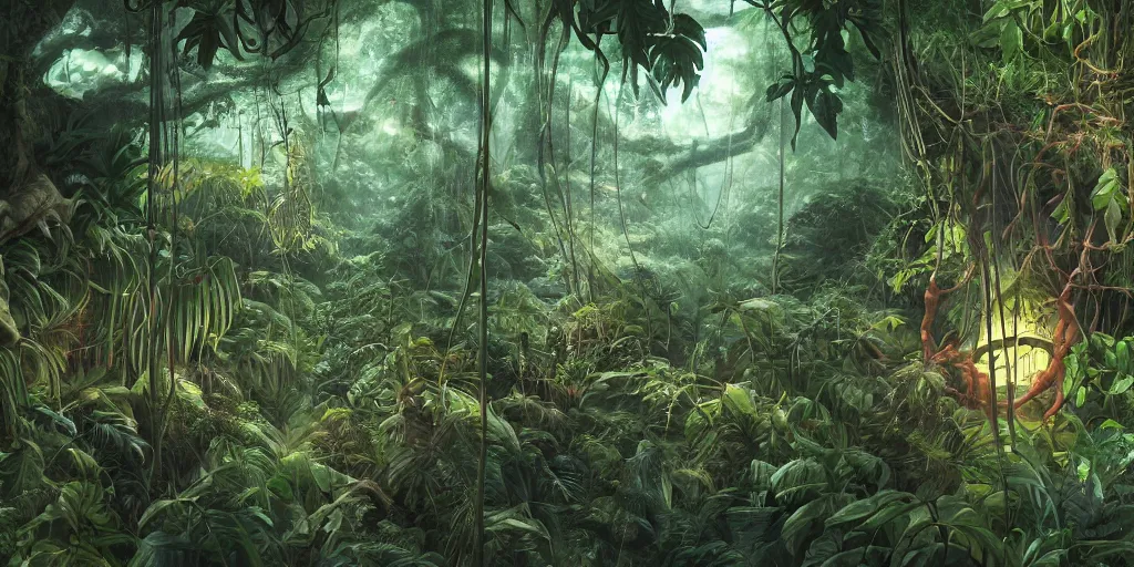 Prompt: A exhuberant tropical jungle, by studio ghibli, michelangelo and raphael, lurking glowing eyes in the dark, biopunk, dna biology experiment, hanging vines, highly detailed, overgrown vegetation, mosh on the trees, digital painting, matte painting, concept art, illustration, oppressive lighting, trending on artstation, very detailed, chiaroscuro,
