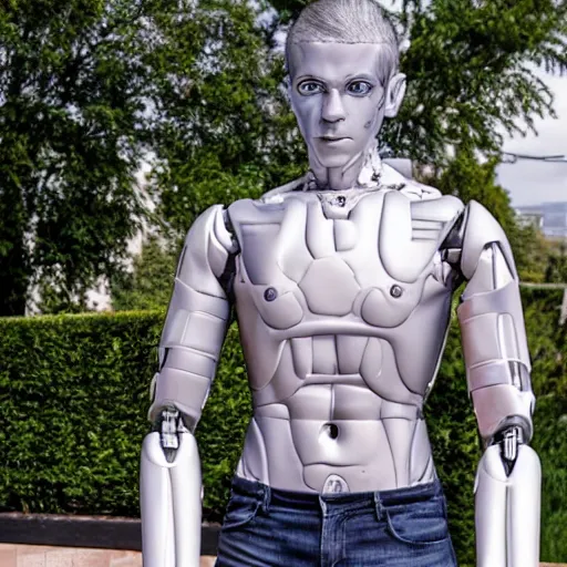 Image similar to made of ice, a realistic detailed photo of a guy who is an attractive humanoid who is half robot and half humanoid, who is a male android, on display, blank stare, showing off his muscles, shiny skin, posing like a statue, by the pool, frozen ice statue, f 1 driver max verstappen, humanoid robot