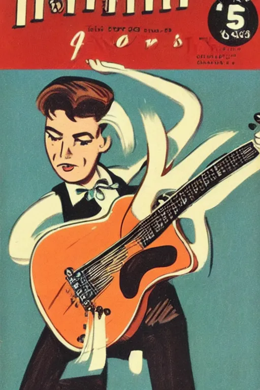 Image similar to guitar in the style of a 50s by Frank Hampson and mcbess, 1950s