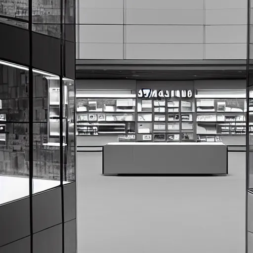 Prompt: photograph of a Microsoft Samsung flagship store, minimalist, brutalist, architecture magazine, dezeen, 50mm, pentax, film