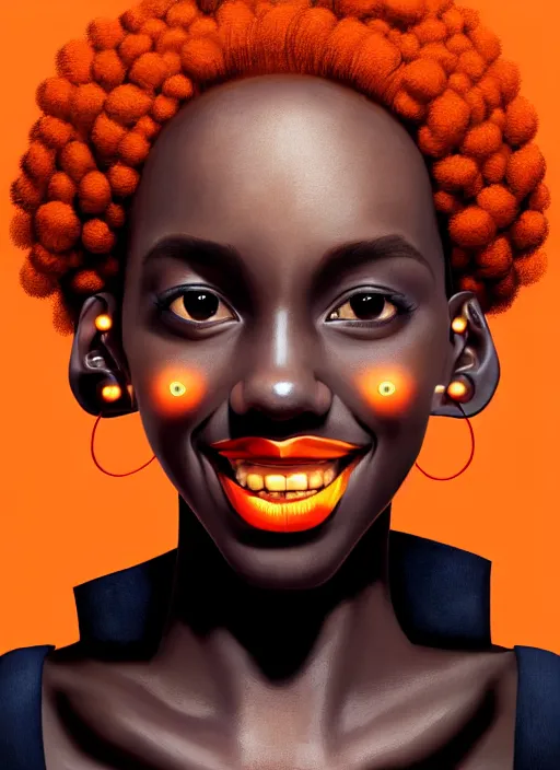 Prompt: portrait of shy black girl, realistic, bantu knots, pointy nose, lanky, smile, nerdy, defined jawline, big chin, orange hair bow, earrings, intricate, elegant, glowing lights, highly detailed, digital painting, artstation, sharp focus, illustration, art by wlop, mars ravelo and greg rutkowski