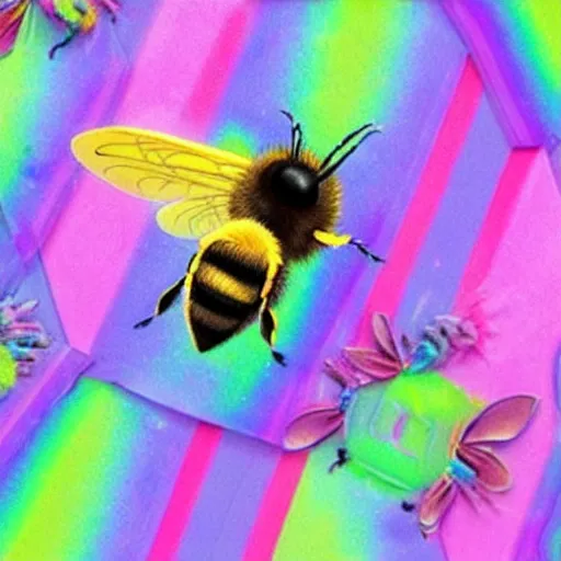 Prompt: photo of a hybrid between a bee and a rainbow unicorn