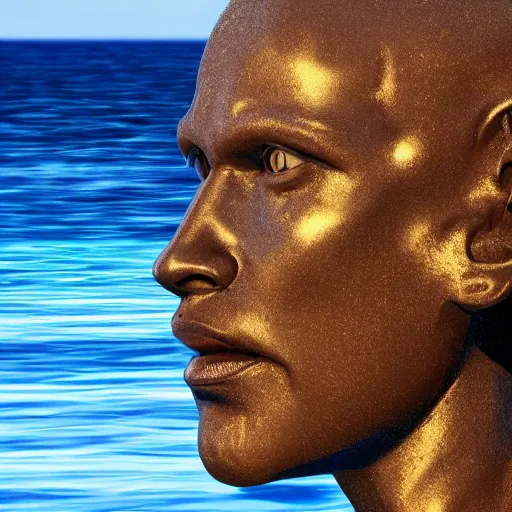 Image similar to a human head sculpture made out of juicy jelly on the ocean water, cinematic, in the style of chad knight, long shot, hyper detailed, hyper realistic, ray tracing, 8 k resolution, sharp focus, realistic water, award winning