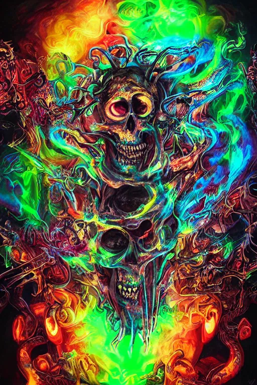 Prompt: 35 mm lens photo of chthonic scull lsd colors with sharp teeth and glowing demonic eyes and rgb background smoke, direct sunlight, glowing, vivid, detailed painting, Houdini algorhitmic pattern, by Ross Tran, WLOP, artgerm and James Jean, masterpiece, award winning painting