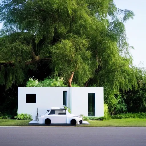 Image similar to futuristic house white covered in plants, hanging vines, motorcycle