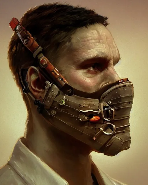 Image similar to a highly detailed epic cinematic concept art CG render digital painting artwork: Soviet dieselpunk Hannibal Lecter. By Greg Rutkowski, Ilya Kuvshinov, WLOP, Stanley Artgerm Lau, Ruan Jia and Fenghua Zhong, trending on ArtStation, subtle muted cinematic colors, in the style of Francis Bacon and Syd Mead and Norman Rockwell and Beksinski, open ceiling, highly detailed, painted by Francis Bacon and Edward Hopper, painted by James Gilleard, surrealism, airbrush, very coherent, triadic color scheme, art by Takato Yamamoto and James Jean