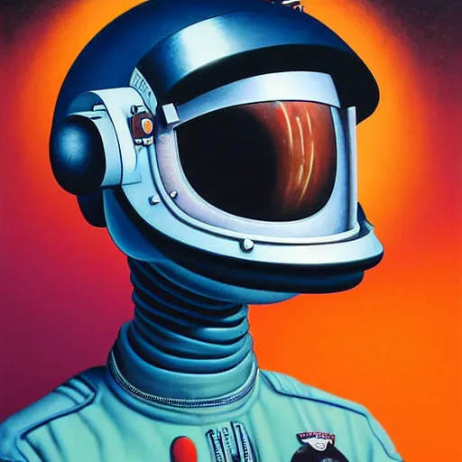 Prompt: Portrait of a Police astronaut wearing helmet in the style of James Gilleard, Zdzislaw Beksinski, Mark Ryden, Wolfgang Lettl highly detailed, hints of Yayoi Kasuma