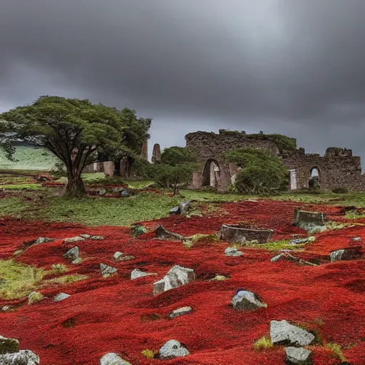 Prompt: the ruins of a giant village made out of stone bricks and overgrown with red moss, in a landscape with hills and swirling trees, and giant black crimson mountains on the horizon, gloomy