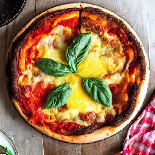 Image similar to a delicious robin's egg deep dish pizza.