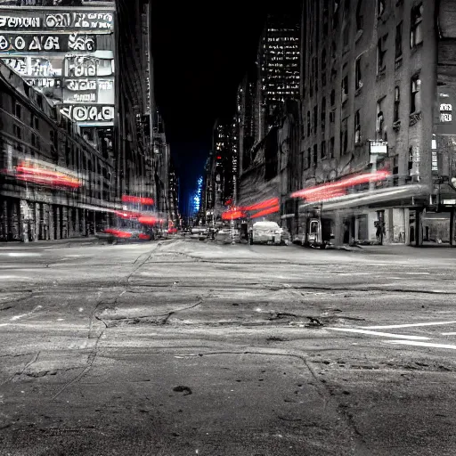 Image similar to color photograph, highly detailed abandoned New York city street at night after the war between humans and AIs, film grain, soft vignette, Canon EOS Digital Rebel XTi, 100-300mm Canon f/5.6, Exposure time: 1/160, ISO 400