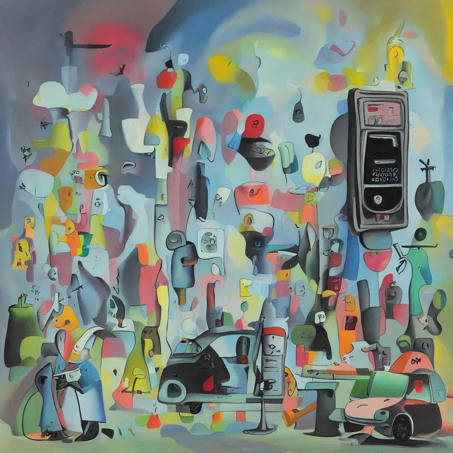 Prompt: “a painting in the style of Yves Tanguy , a parking meter stands in the middle of a desert. Next to the parking meter we see a priest, a woman in a green dress , and a rhinoceros . ”