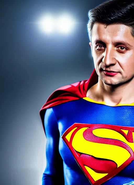 Image similar to volodymyr zelenskyy, ukrainian superman, ukrainian national clothes, portrait of young man, 8 k ultra realistic, lens flare, atmosphere, glow, detailed, intricate, full of colour, led lighting, 4 k, hyperrealistic, focused, extreme details, unreal engine 5, masterpiece