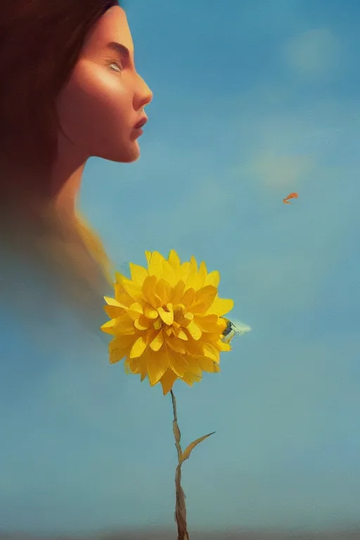 Image similar to closeup girl with huge yellow dahlia flower face, on the beach, surreal photography, blue sky, sunrise, dramatic light, impressionist painting, digital painting, artstation, simon stalenhag