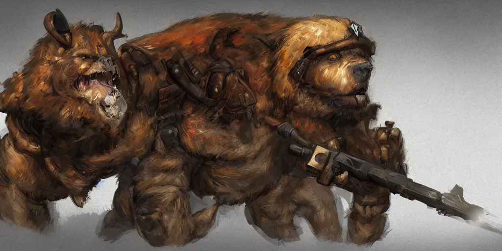 Image similar to concept art of a high fantasy ww1 bear beast-man soldier using a ray gun trending on artstation, detailed high resolution