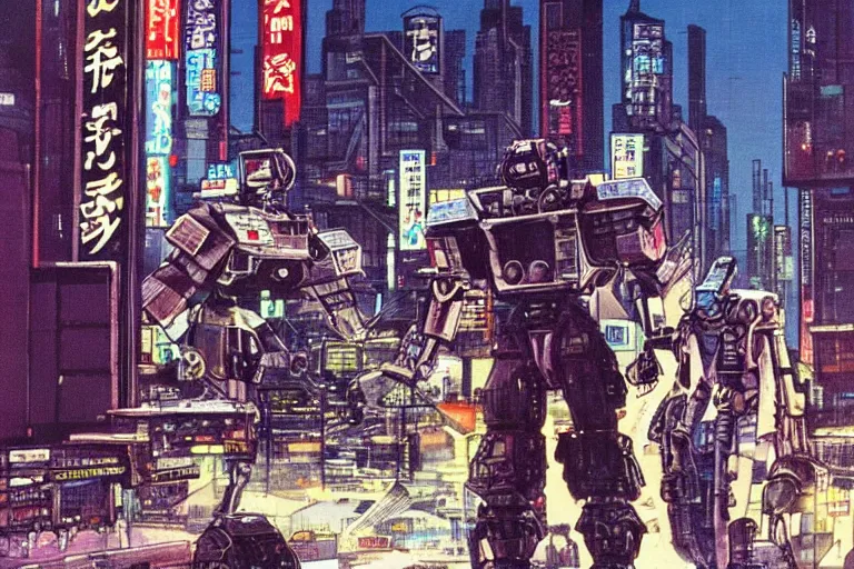 Image similar to 1 9 7 9 science fiction depicting mechwarrior walking at street level in neo - tokyo with beautiful scenery. art by tim conrad and vic bonilla