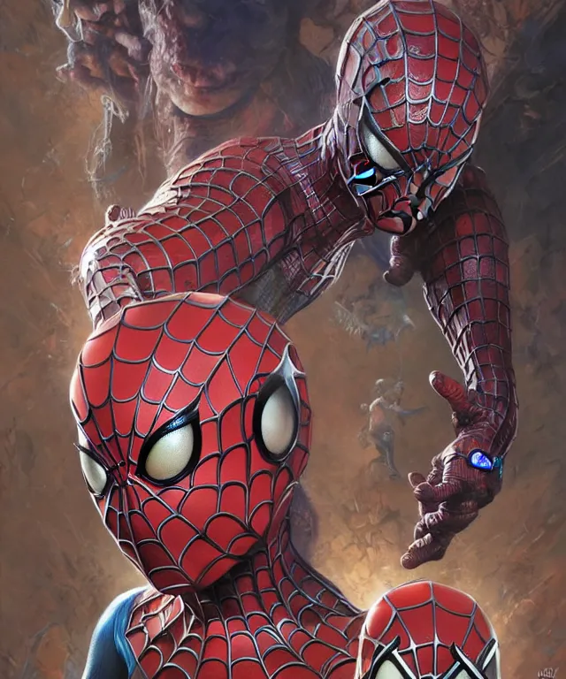 Image similar to beautiful fantasy baby spiderman portrait, ultra realistic, wide angle, intricate details, the fifth element artifacts, highly detailed by peter mohrbacher, hajime sorayama, wayne barlowe, boris vallejo, aaron horkey, gaston bussiere, craig mullins