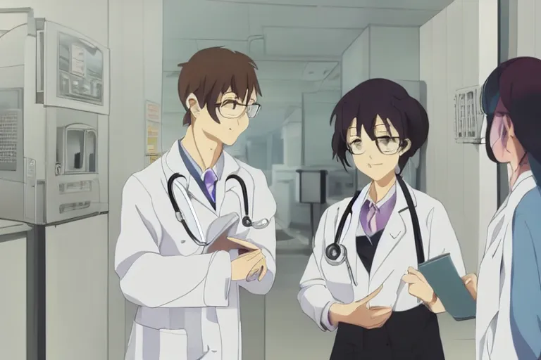 Image similar to a cute and beautiful young female doctor wearing white coat are talking with an old professor in a hospital, slice of life anime, lighting, anime scenery by Makoto shinkai