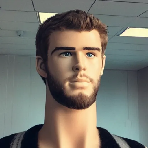 Image similar to “ a realistic detailed photo of a guy who is an attractive humanoid who is half robot and half humanoid, who is a male android, actor liam hemsworth, shiny skin, posing like a statue, blank stare, at the museum, on display ”