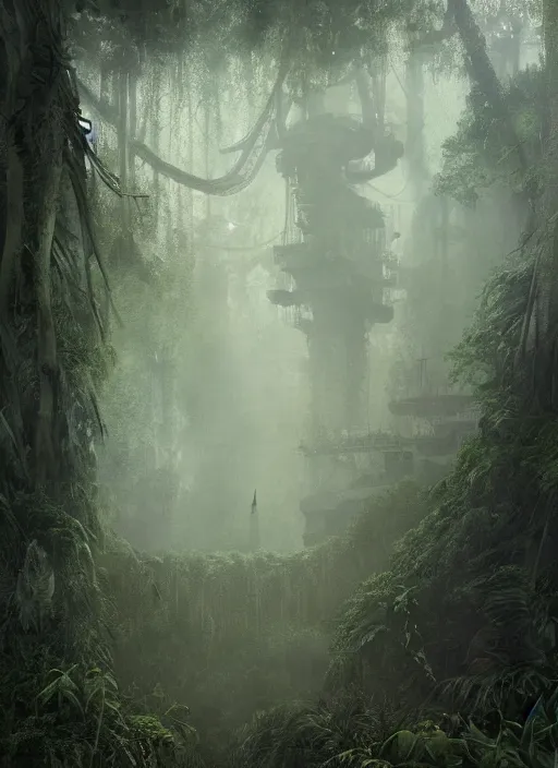 Image similar to aircraft carrier USS Nimitz overgrown with vegetation laying on the ground of a tropical forest, post appocalyptic, by Luis Royo, by Greg Rutkowski, dark, gritty, intricate, cover illustration, concept art, volumetric lighting, volumetric atmosphere, sharp focus, octane render, trending on artstation, 8k