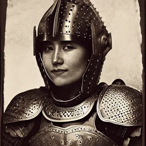 Prompt: head and shoulders portrait of a female knight, quechua!, armor, cuirass, tonalist, symbolist, realistic, ambrotype, baroque, detailed, modeled lighting, vignetting, indigo and venetian red, angular, smiling, eagle