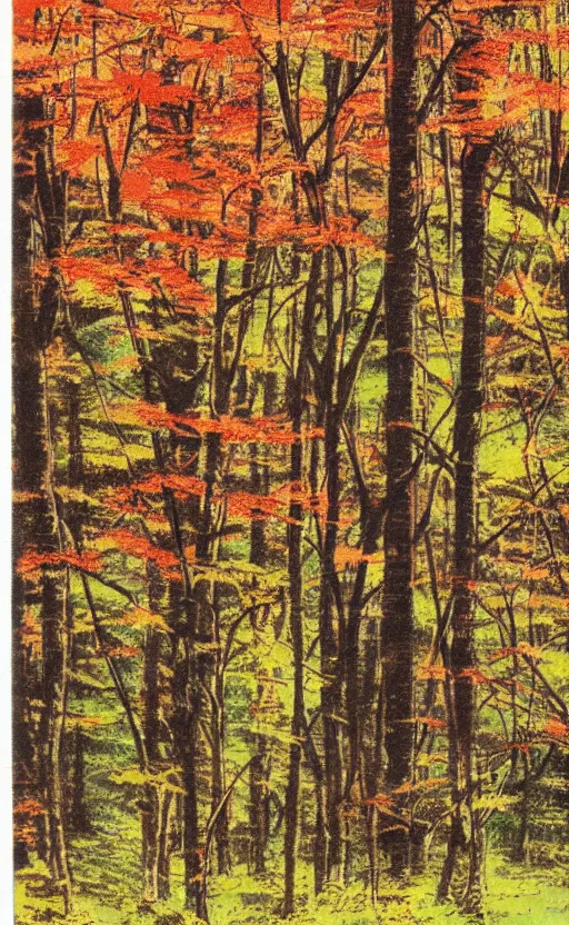 Image similar to by akio watanabe, manga art, maple forest, fall season, trading card front