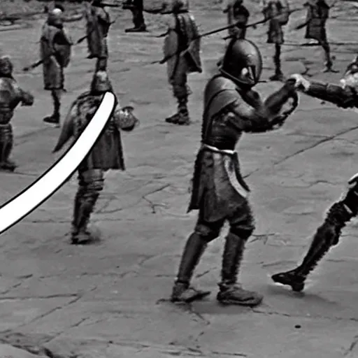 Image similar to medieval sword fight cctv footage