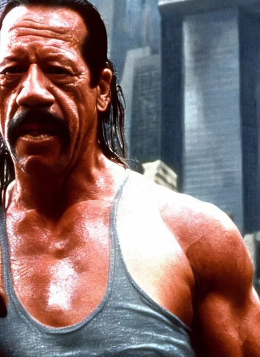 Image similar to film still of Danny Trejo as John McClane in Die Hard, 4k