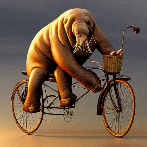 Image similar to anthropomorphic walrus riding a bicycle at sunrise realistic, hyperrealistic, very realistic, highly detailed, very detailed, extremely detailed, detailed