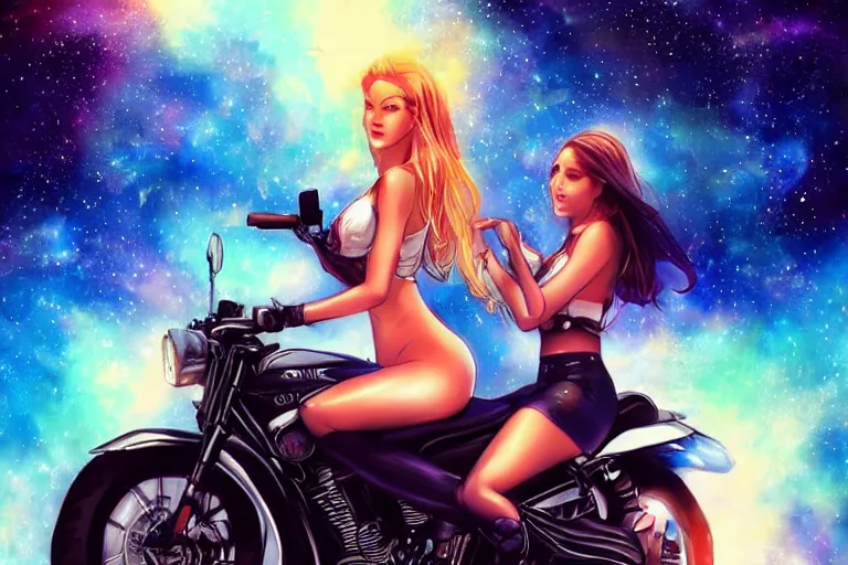 Prompt: a very very very beautiful woman riding a motorcycle, Galaxy background, drawn by artgerm