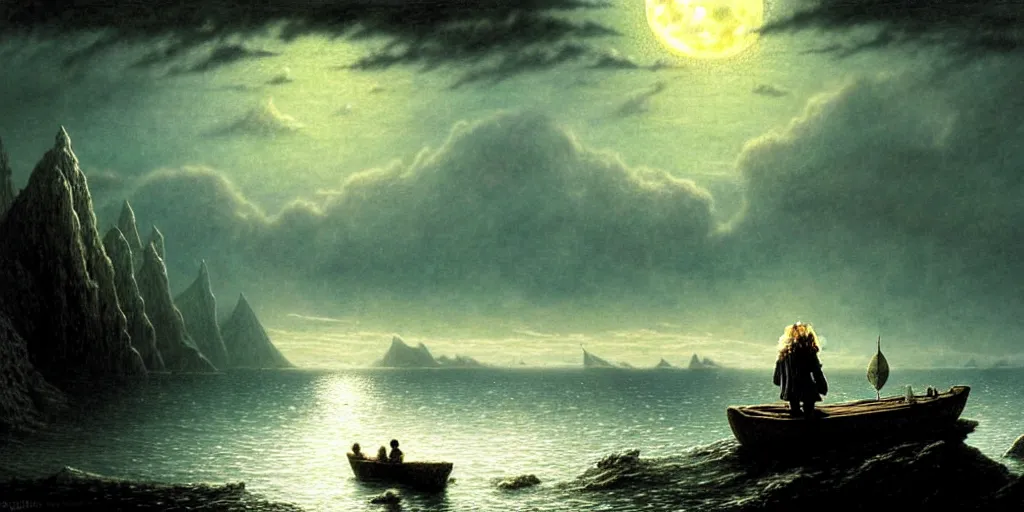 Prompt: lord of the rings scenery landscape, a hobbit out at a staring across the sea from the shore at a white timber sail boat leaving harbour, evening, highly detailed, vivid colour, soft clouds, full moon low in sky, cinematic lighting, perfect composition, gustave dore, derek zabrocki, greg rutkowski, belsinski