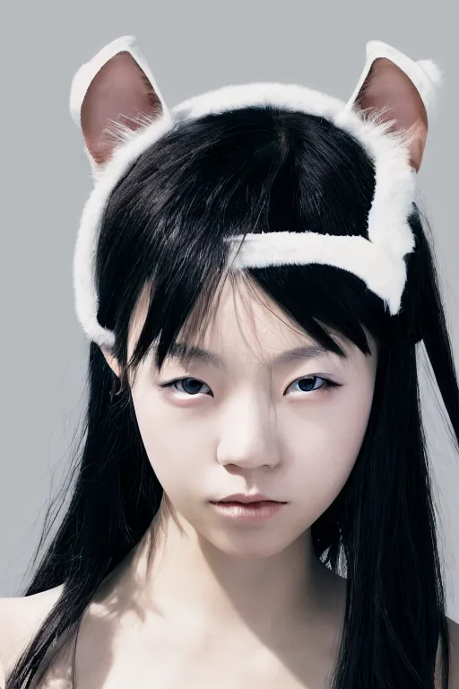 Prompt: aesthetic photograph of alluring young Japanese woman wearing white cat ear headband, by Nick Knight and jia ruan, headshot, realistic, photorealistic, HD, 4k resolution