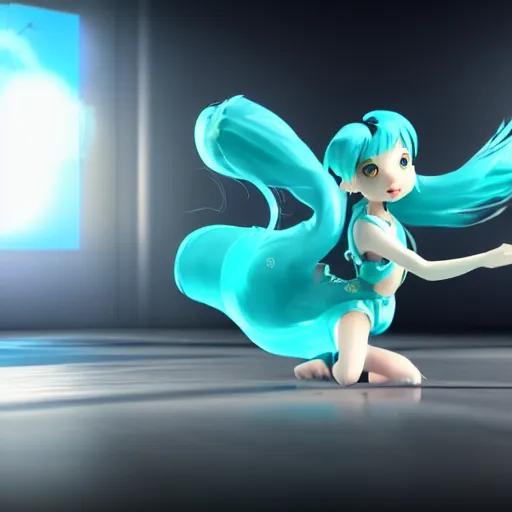 Image similar to Miku dancing, octane render, 8K, depth of field