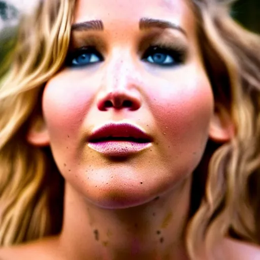 Image similar to beautiful hyperrealism hyperdetailed candid portrait of jennifer lawrence in happy disbelief because of a marriage proposal from jennifer lawrence, flushed face, red blush, puffy lips, soft features, 8 k, sharp focus, golden hour, beach setting