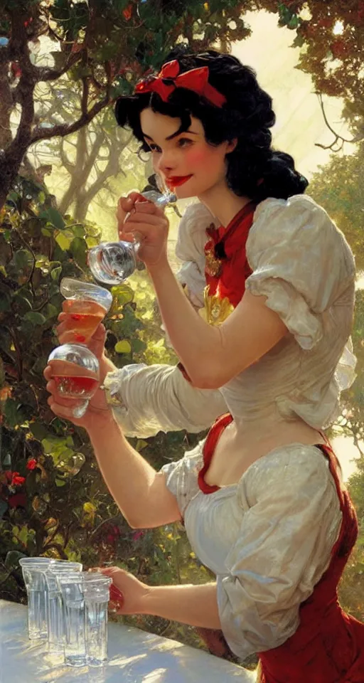 Image similar to close up of snow white pouring a drink, sun shining, photo realistic illustration by greg rutkowski, thomas kindkade, alphonse mucha, loish, norman rockwell.