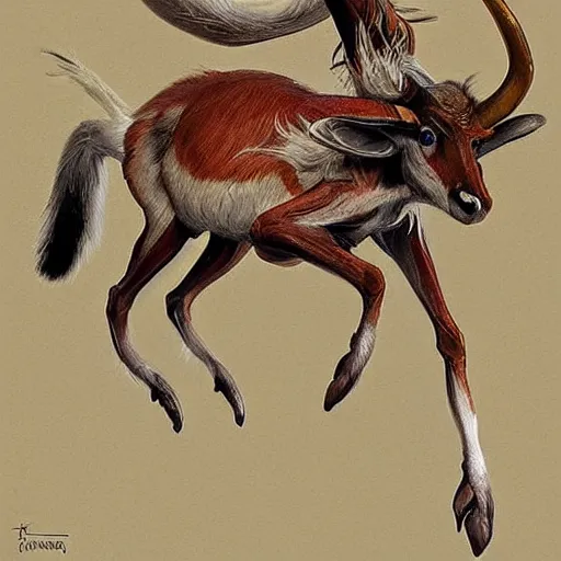 Prompt: “Antelope taxidermy mount that has come to life, happy character, fantastical beast, creature, D&D, fantasy, intricate, cinematic lighting, highly detailed, digital painting, artstation, concept art, smooth, sharp focus, illustration, art by Artgerm and Greg Rutkowski and Alphonse Mucha”