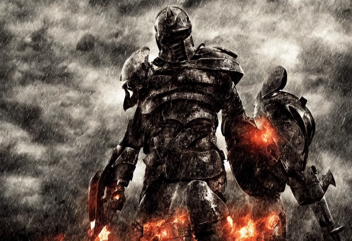 Image similar to leonidas 3 0 0 spartan zack snyder helmet battle scarred artwork strong soldiers battle large epic proportions background dark skies raining fire