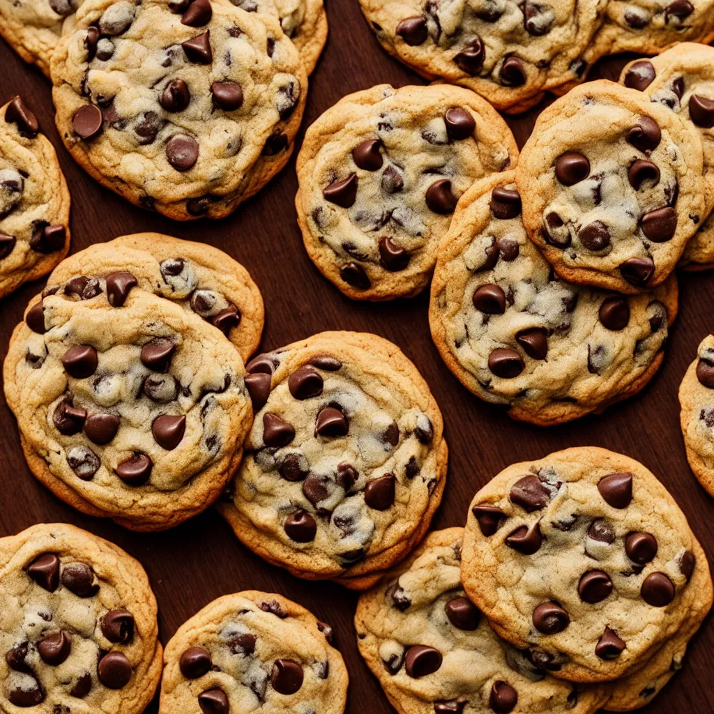 Image similar to close - up view of singular chocolate chip cookies on top of a wooden table, 8 k, high detail, photorealistic, proper shading